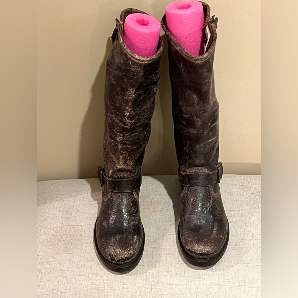 Frye Veronica Slouch Knee High Distress Leather Boot Chocolate Crackle, size 8